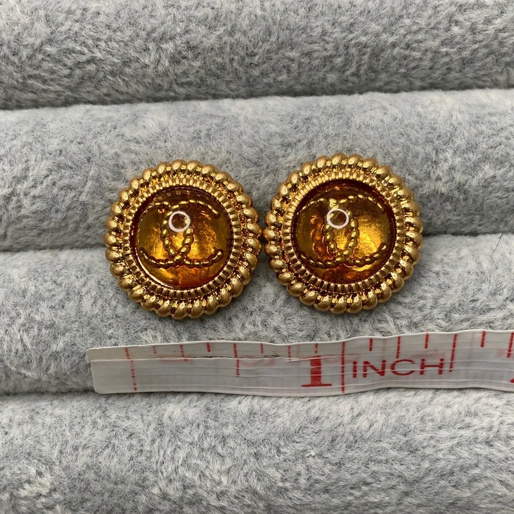 CHANEL Gold and Brown Round Earrings